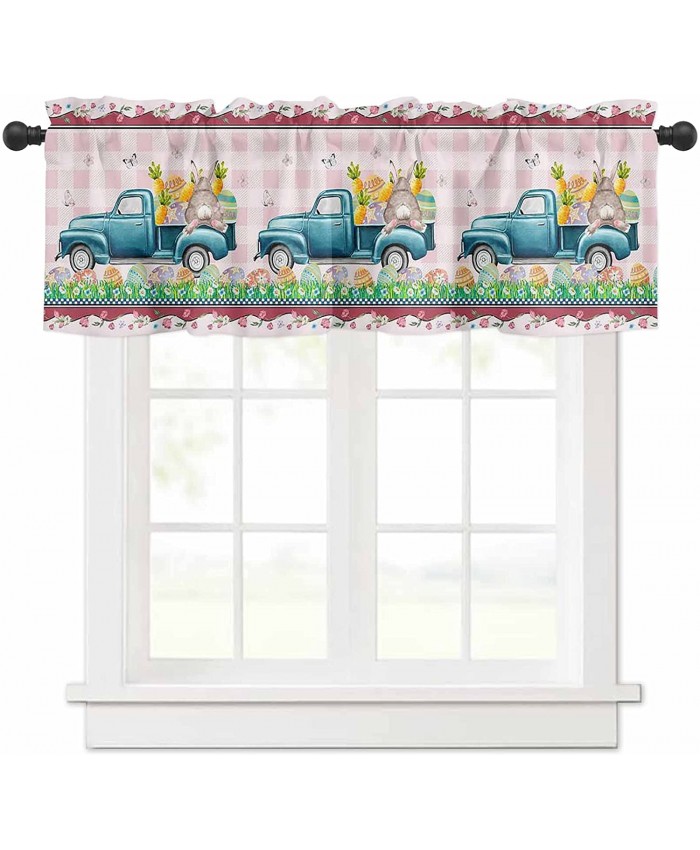 Valances for Windows Easter Colorful Eggs Rabbits Retro Truck Pink Buffalo Plaid Rod Pocket Short Window Valance Curtains Holiday Home Decor Window Treatment for Kitchen Living Room Bedroom 54x18in