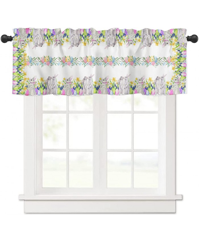 Valances for Windows Easter Spring Rabbits Bunnies Colorful Eggs Floral Rod Pocket Short Window Valance Curtains Holiday Home Decor Window Treatment for Kitchen Living Room Bedroom 54x18in