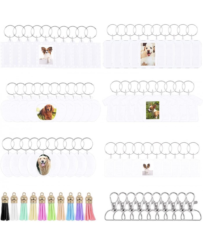 Wokape 80Pcs 6 Styles Acrylic Keychain Blanks with Lanyard Snap Hooks and Keychain Tassels Make Your Own Keyring Kit Photo Insert Keychain Picture Photo Frame for Kids to Assemble