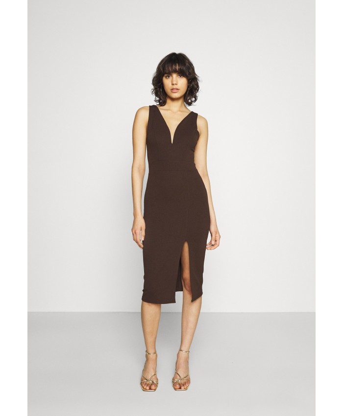Ladies Skirt Series Jersey Dresses | WAL G. V NECK PLUNGE MIDI DRESS - Jersey dress - dark brown WG021C0NQ-O11