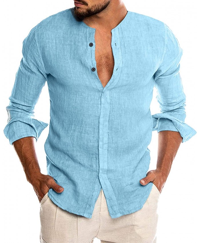COOFANDY Men's Cotton Linen Button Down Dress Shirt Long Sleeve Casual Beach Tops