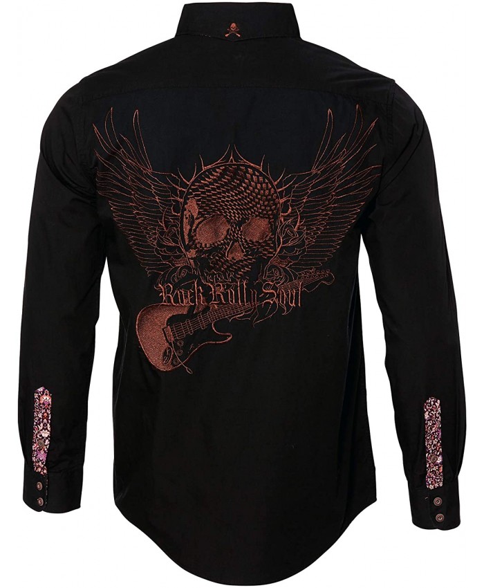 Rock Roll n Soul Men's Rock Shop Flying Skull Guitar Embroidered Long Sleeve Button-Up Shirt
