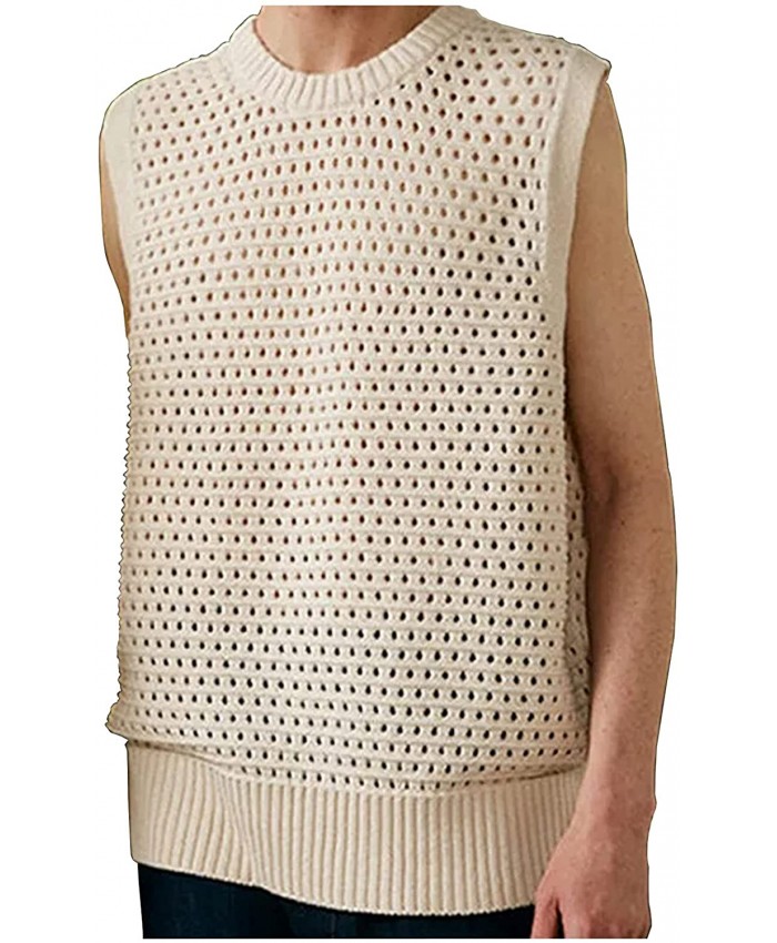 Men's Autumn and Winter Casual Sweater Fashion Solid Color Hollow Vest Top Sleeveless Knitted White Blouse Men