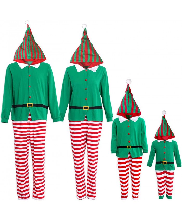IFFEI Family Matching Christmas Pajamas Set One Piece Striped Hooded Sleepwear Santa Claus Elf Onesie Outfit